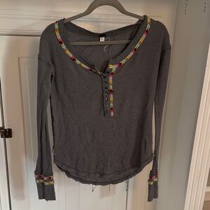 Free People Gray Long Sleeve with Multicolor Trim